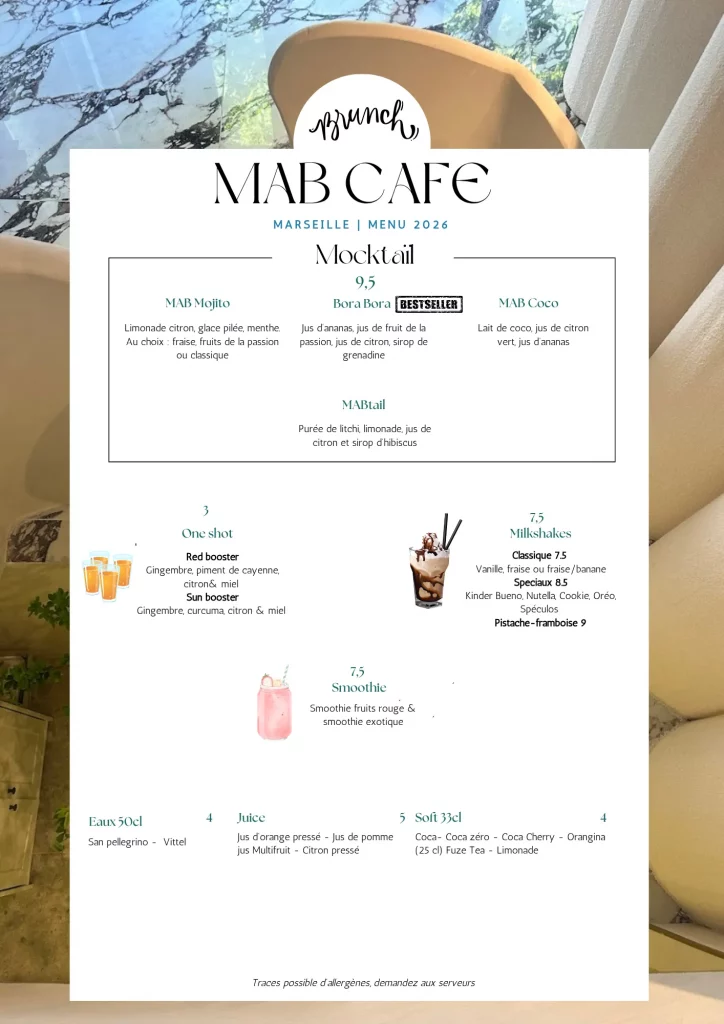 Carte des mocktails et boissons fraîches 2026