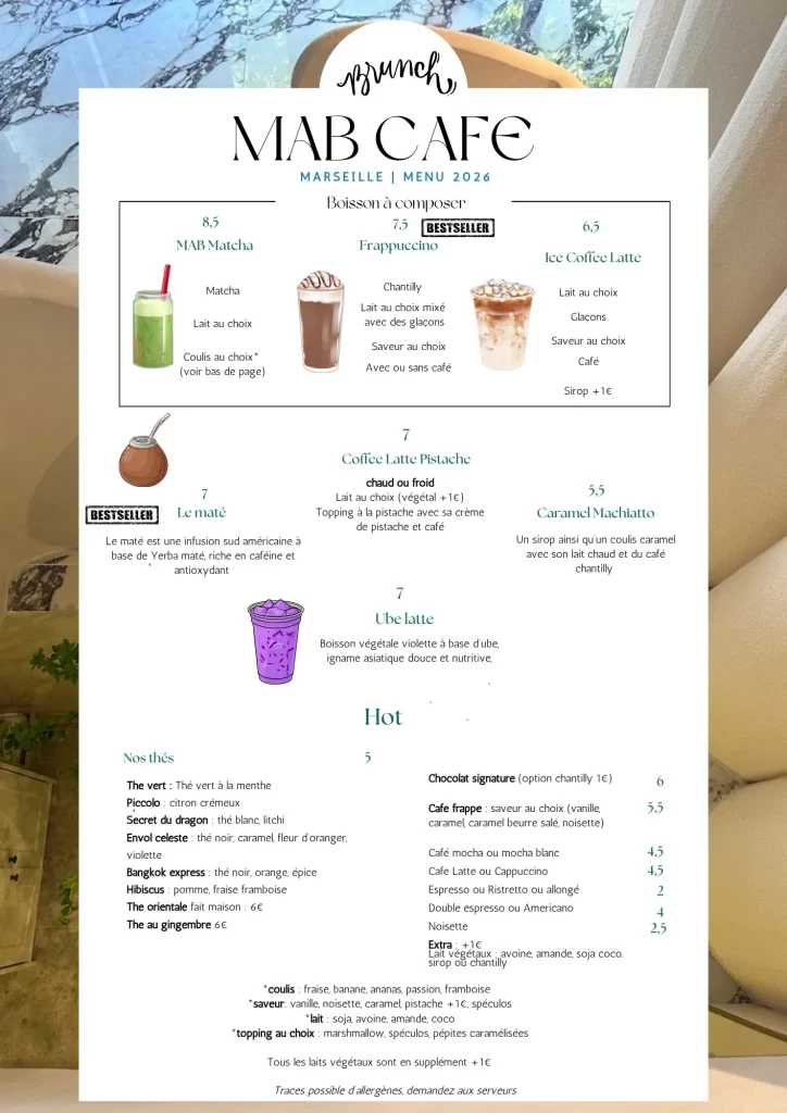Menu des boissons et brunch 2026 du Mab Café à Marseille (Quartiers Joliette et Préfecture)